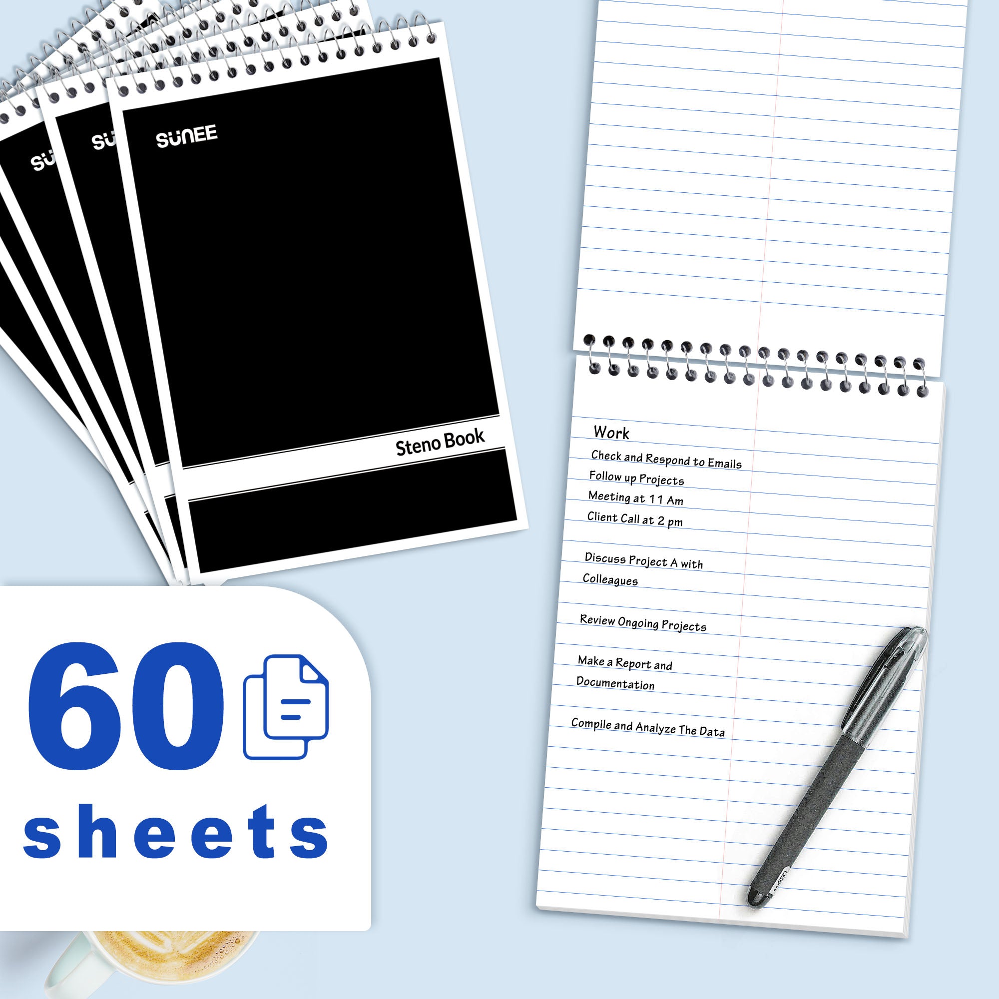 SUNEE 12 Pack Steno Pads 6x9, Gregg Rule, 60 Sheets, Spiral Notebook 6