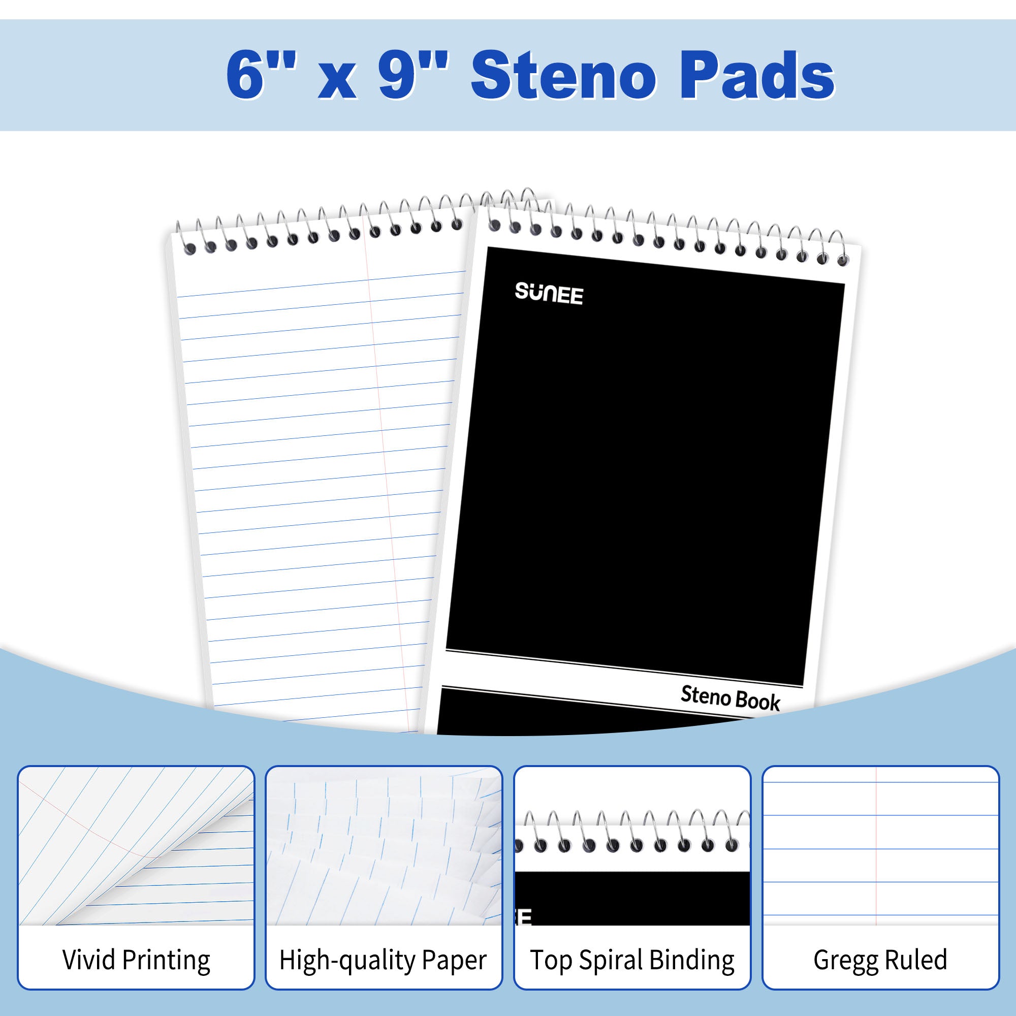 SUNEE 12 Pack Steno Pads 6x9, Gregg Rule, 60 Sheets, Spiral Notebook 6